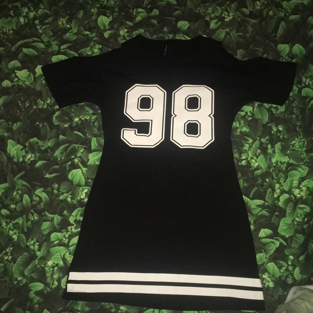 Black Varsity off the shoulder casual mini dress. - Picture 3 of 5